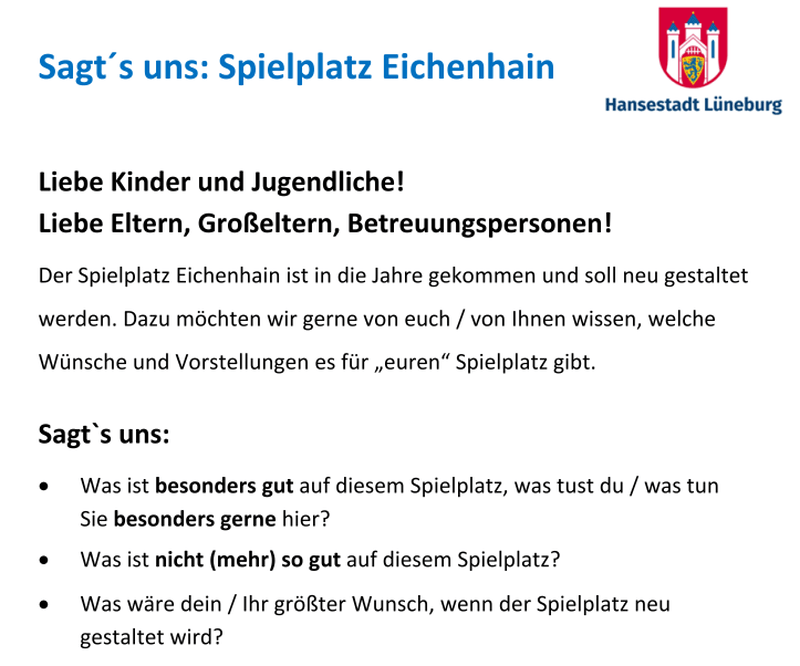 Spielplatz Eichenhain - Bürgerbeteiligung: Fragen. Grafik: Hansestadt Lüneburg.