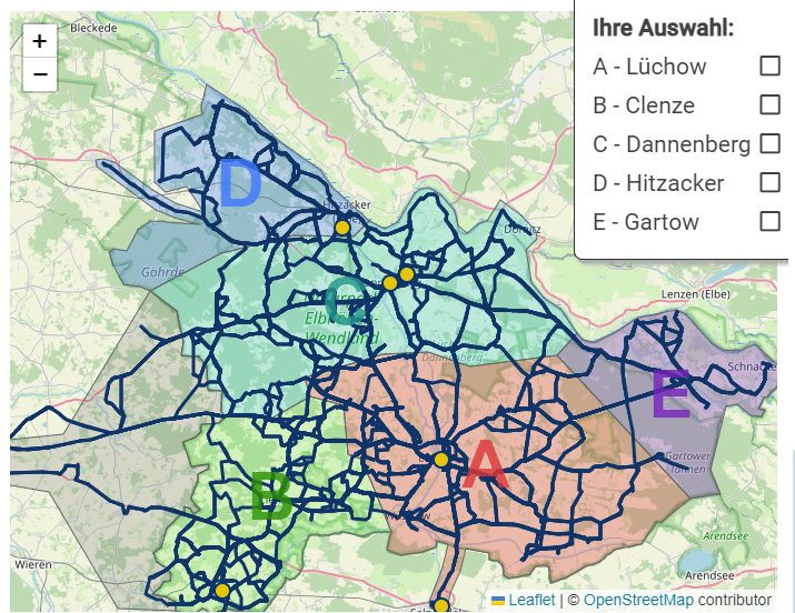 Das Wendland-Netz. Grafik: Mobilitätsagentur Wendland.Elbe, OpenStreetMap-Mitwirkende.
