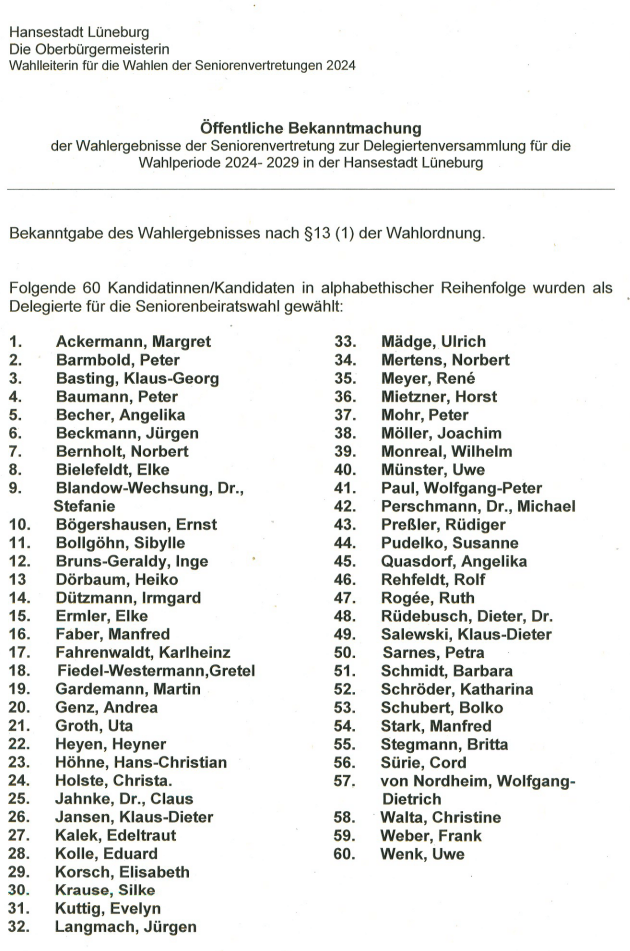 Hansestadt Lüneburg: Mitglieder der Delegiertenversammlung für die Wahlperiode 2024-2029 des Seniorenbeirats der Hansestadt.