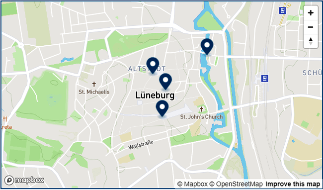 Grafik: Hansestadt Lüneburg / OpenStreetMap-Mitwirkende. Trinkwasserbrunnen im Stadtgebiet Lüneburg. 