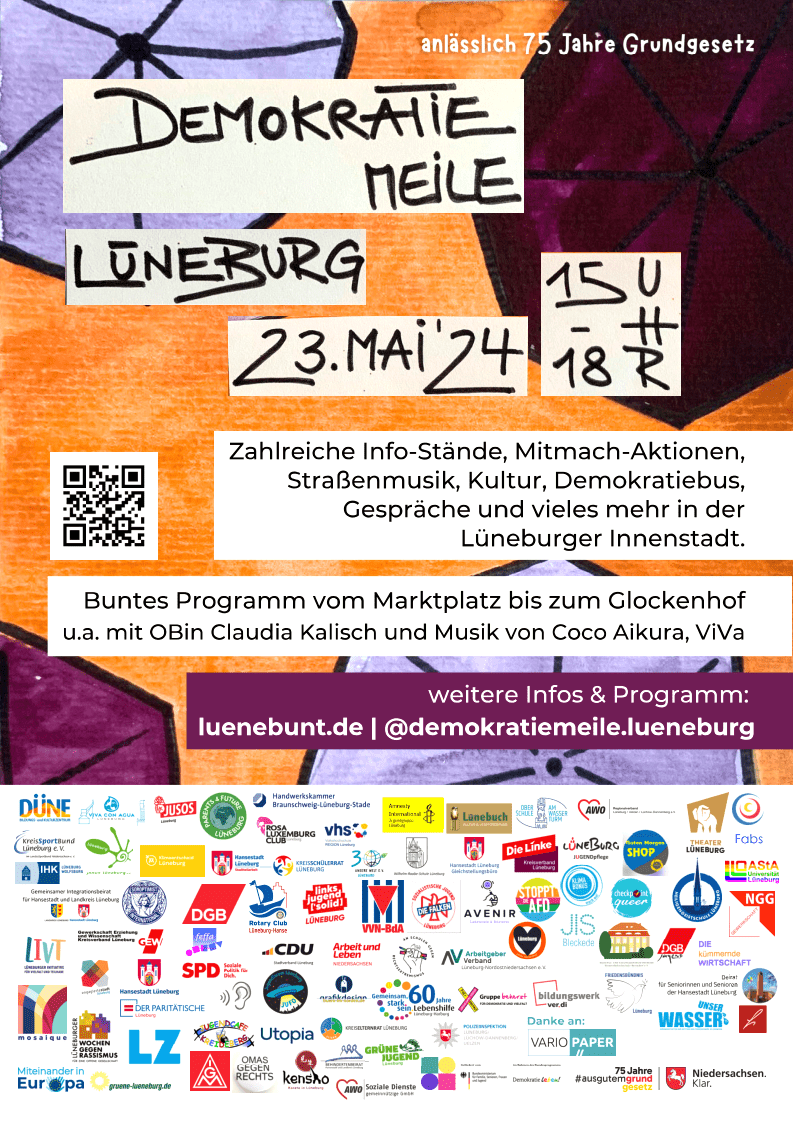 Demokratie-Meile am 23.05.2024 in Lüneburg. Plakat. Grafik: luenebunt.de.