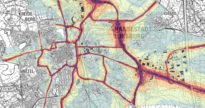 Umweltkarten Niedersachsen: Lärmbelastung bei Tag in Lüneburg 2023 (PLUS).