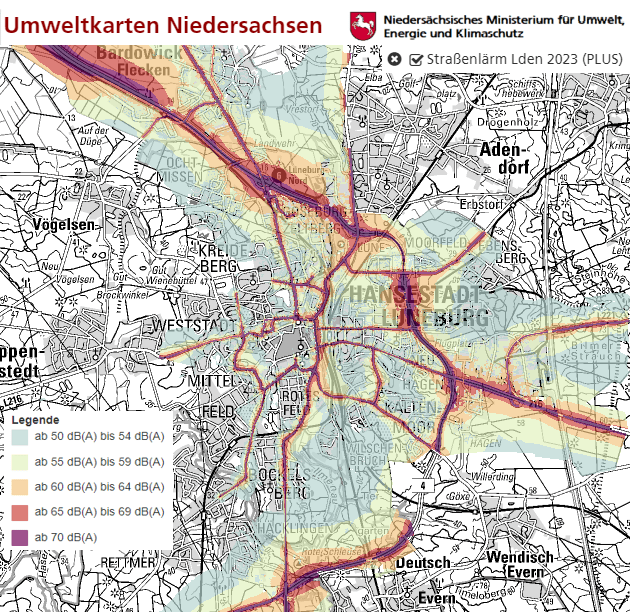 Umweltkarten Niedersachsen: Lärmbelastung bei Tag in Lüneburg 2023 (PLUS).