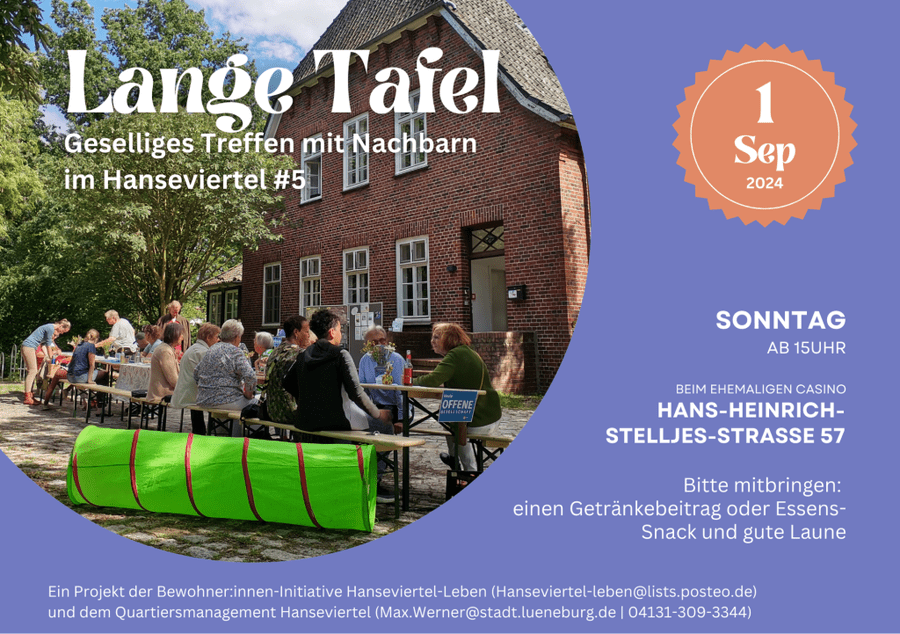 Hanseviertel: Lange Tafel am Sonntag, 1. September 2024, ab 15 Uhr. Grafik: Stadtteilmanagement Hanseviertel.