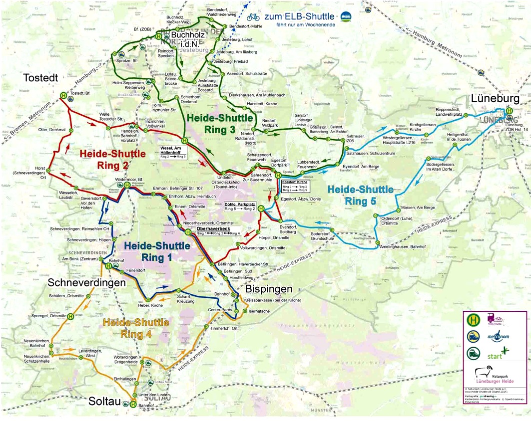 Heideshuttle: Übersichtskarte mit Ringbuslinien. Grafik: Naturpark Lüneburger Heide.