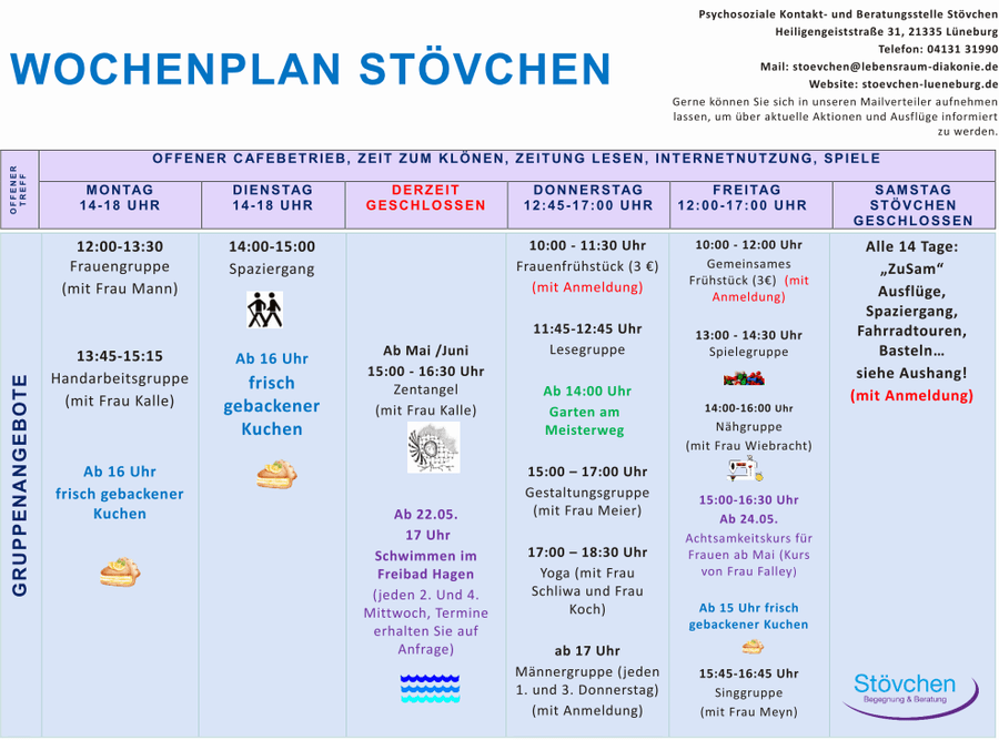 Aktueller Wochenplan im Stövchen. Grafik: Lebensraum Diakonie.