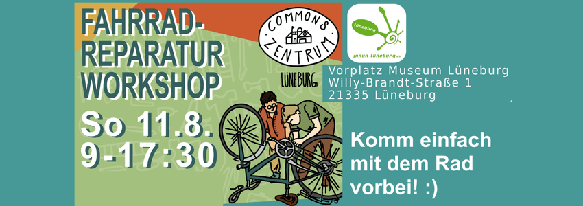 Fahrrad-Reparatur-Workshop am 11. August 2024. Grafik: Commons-Zentrum Lüneburg.