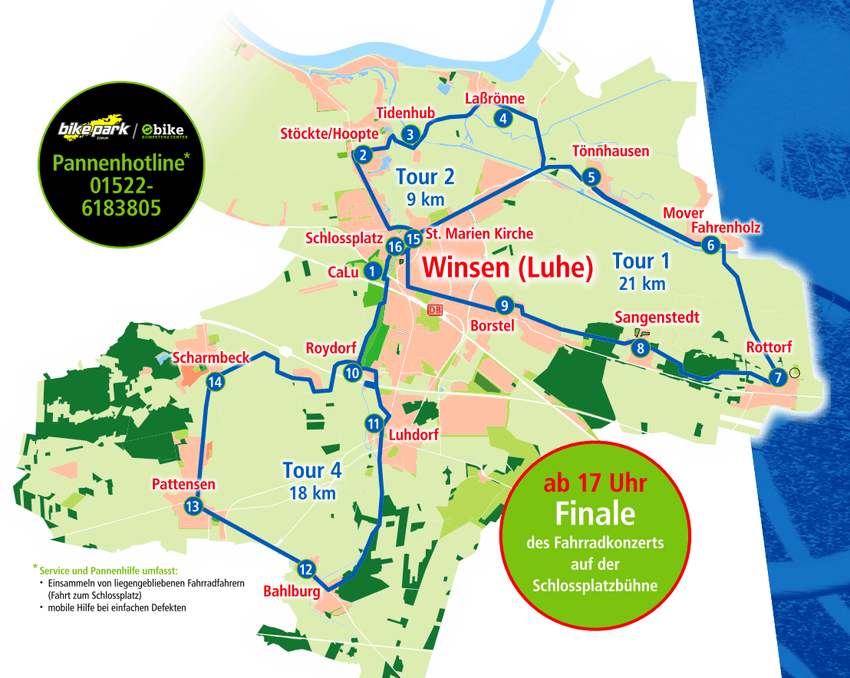 Fahrradkonzert Winsen,  25. August 2024. Übersichtskarte (Ausschnitt Infoflyer).