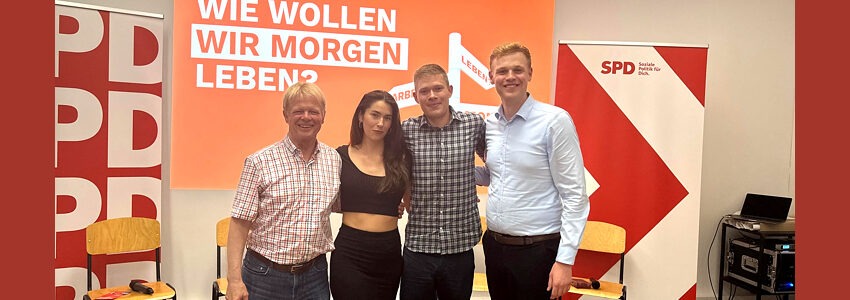 Bei der SPD-Veranstaltung "Wie wollen wir morgen leben", 13.08.2024. Von links: Reiner Hoffmann, Rifka Lambrecht, Paul Musenbrock und Jakob Blankenburg. Foto: SPD-UB Lüneburg.