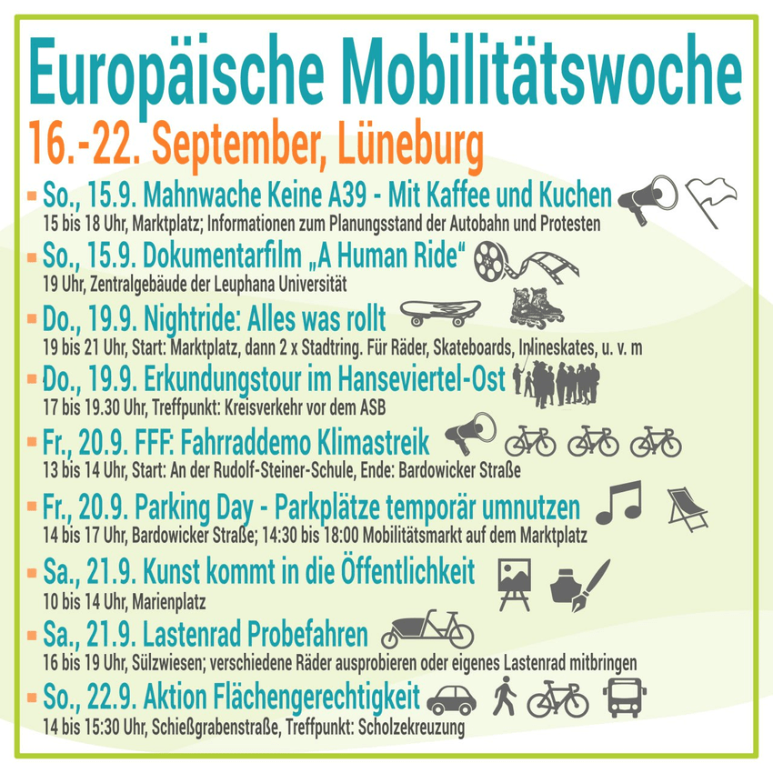 Europäische Mobilitätswoche in Lüneburg. Terminübersicht. Grafik: VCD Elbe-Heide.