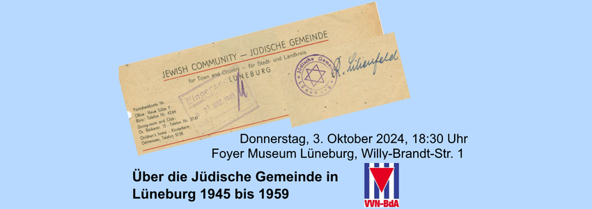 VVN/BDA, 3. Oktober 2024 - Info-Abend: Die Jüdische Gemeinde in Lüneburg 1945 bis 1959. Grafik: Plakat, angepasst.