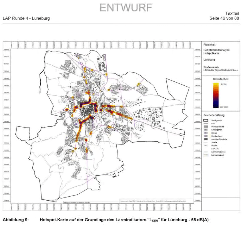 Grafik: nts Ingenieursgesellschaft-mbH / Hansestadt Lüneburg: Lärmaktionsplan 2024, 17.09.2024, S. 46 - Entwurf. Hotspots im Stadtgebiet: An diesen Straßen ist es auch bei Tag besonders laut. Hier werden Maßnahmen zum Lärmschutz vorgeschlagen.