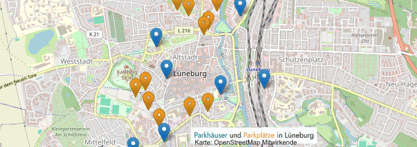 Parkhäuser und Parkplätze in der Lüneburger Innenstadt. Karte: Lünepedia/OpenStreetMap Mitwirkende.