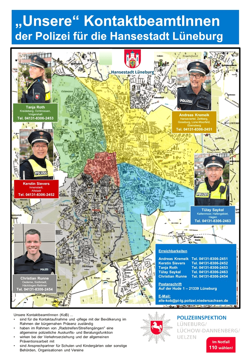 Wer ist wo zuständig? Die Kontakt-Beamt:innen in der Hansestadt. Plakat: Polizeiinspektion Lüneburg.