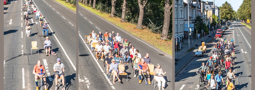 Wieviel Platz brauchen die Verkehrsmittel im öffentlichen Raum? Jeweils 30 Personen veranschaulichten am 22.09.2024 den Platzbedarf eines Busses, von Fahrrädern und von Autos. Fotos: VCD Elbe-Heide, Drohne: Malte Hübner.