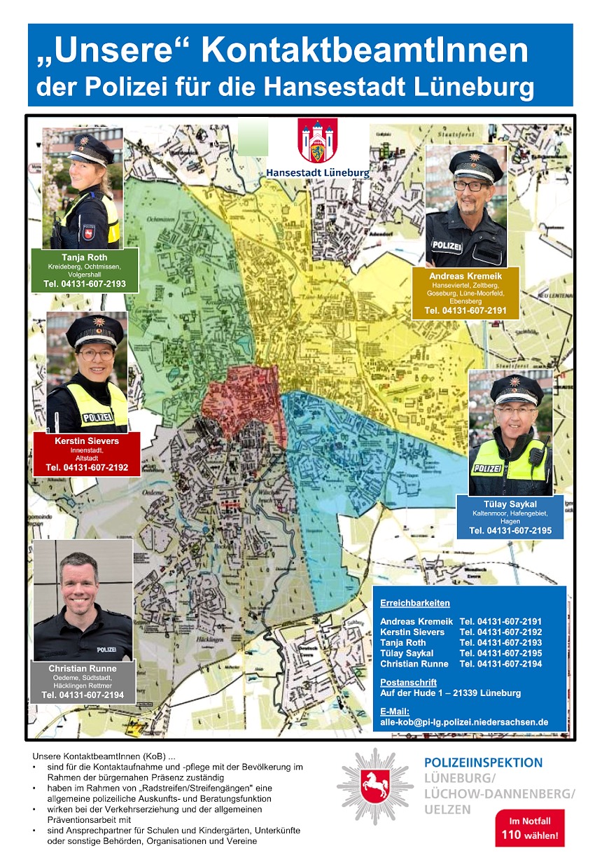 Grafik: Polizeiinspektion Lüneburg. KontaktbeamtInnen für die Hansestadt Lüneburg, Stand Juni 2025.