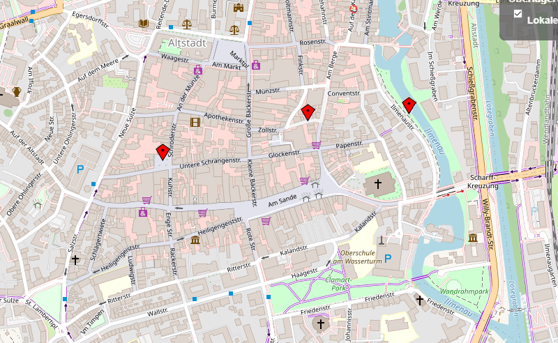 Innenstadt mit den vorgeschlagenen Standorten. Grafik: OpenStreetMap Mitwirkende.