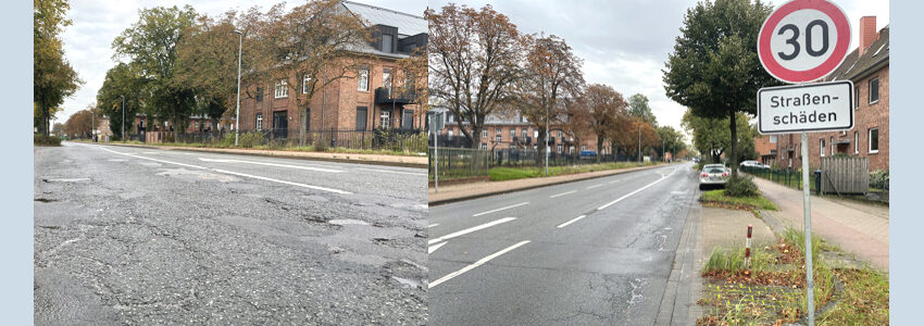 Straßenschäden Bleckeder Landstraße. Foto: Hansestadt Lüneburg.