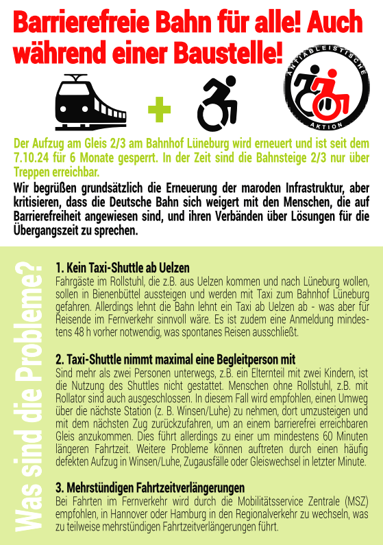 Flyer der Aktionsgruppe am 9. Oktober 2024. Die Lösung der Bahn ist keine akzeptable Lösung. Warum erklärt die Aktionsgruppe auf ihrem Flyer.