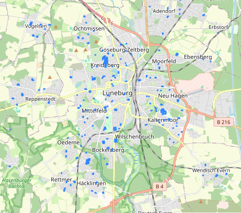 Spielplätze in Lüneburg. Karte: Lünepedia / OpenStreetMap Mitwirkende.