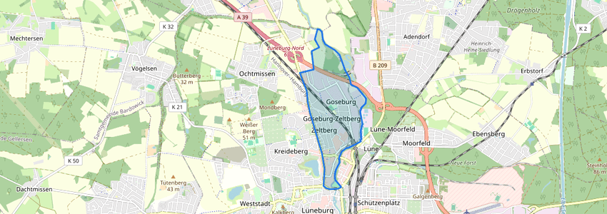 Stadtteil Goseburg-Zeltberg, Lüneburg. Karte: OpenStreetMap-Mitwirkende / Lünepedia.