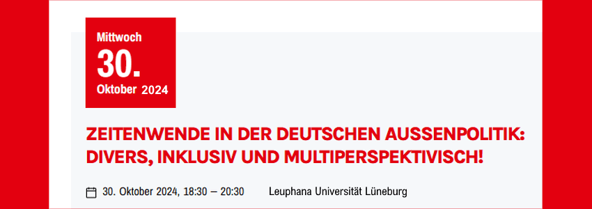 SPD Lüneburg: Podiumsdiskussion "Zeitenwende in der deutschen Außenpolitik", 30.10.2024. Grafik: Screenshot (angepasst).