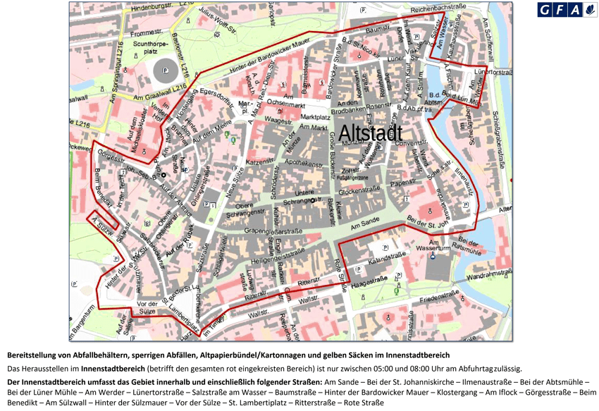Karte/Grafik: GFA, Im Innenstadtbereich gibt es weiterhin Gelbe Säcke.