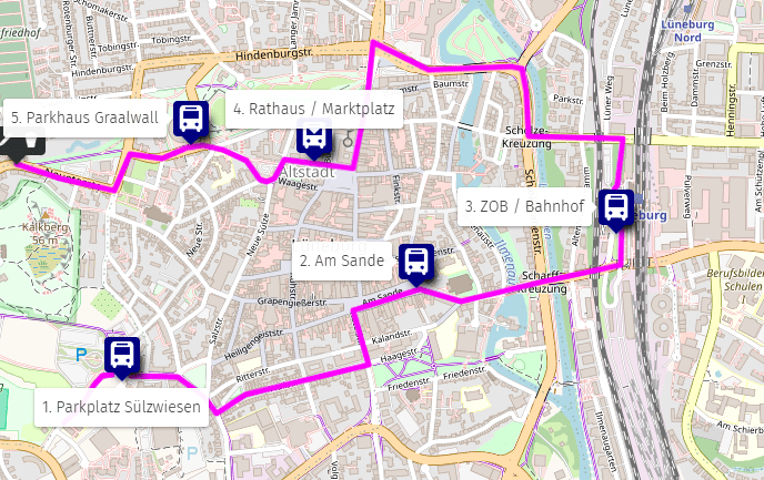 Route des Shuttle an den Adventssamstagen mit Haltepunkten. Karte: UMap/OpenStreetMap Mitwirkende.