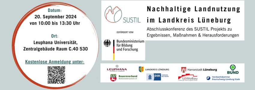 Nachhaltige Landnutzung im Landkreis Lüneburg: Abschlusskonferenz des SUSTIL Projekts zu Ergebnissen, Maßnahmen und Herausforderungen. Sharepic (angepasst).