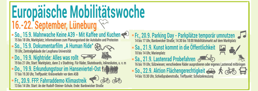 Europäische Mobilitätswoche in Lüneburg. Terminübersicht. Grafik: VCD Elbe-Heide.