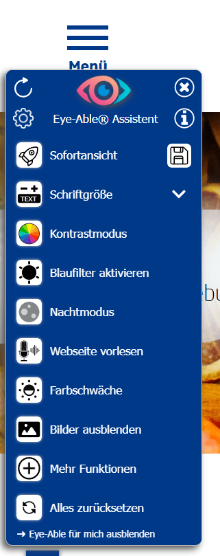 Assistenzsoftware „Eye-Able“: Menü mit Auswahlmöglichkeiten in der Übersicht.