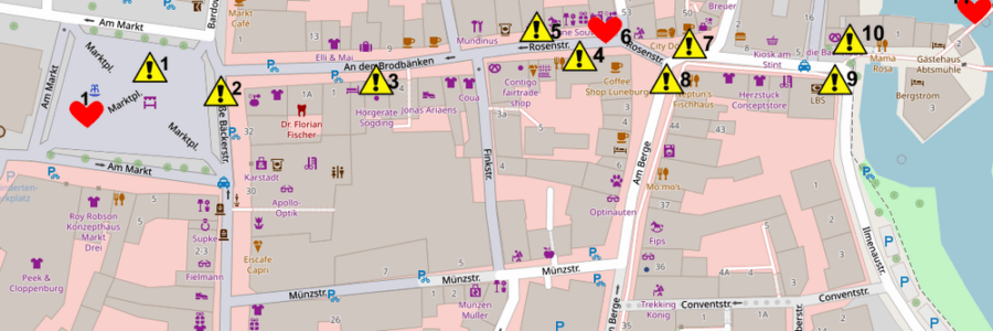 Vom Lüneburger Marktplatz zum Bahnhof. Teil I der Route zeigt den Weg bis zur Brausebrücke. Karte: OpenStreetMap Mitwirkende.