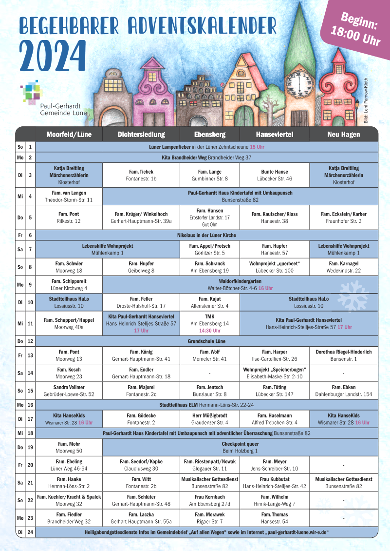Begehbarer Adventskalender 2024. Grafik: Paul-Gerhardt-Gemeinde Lüne.