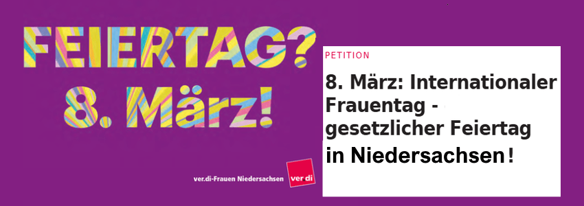 Grafik: ver.di Niedersachsen. 8. März als Feiertag.