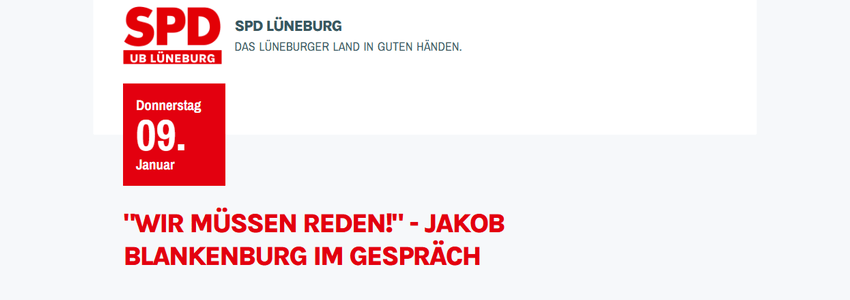 Jakob Blankenburg: Gespräch am 9. Januar 2025. Grafik: SPD-Unterbezirk Lüneburg.