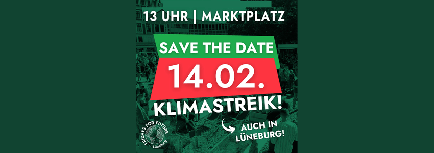 Fridays for Future Lüneburg: Klimastreik am 14.02.2025. Sharepic.