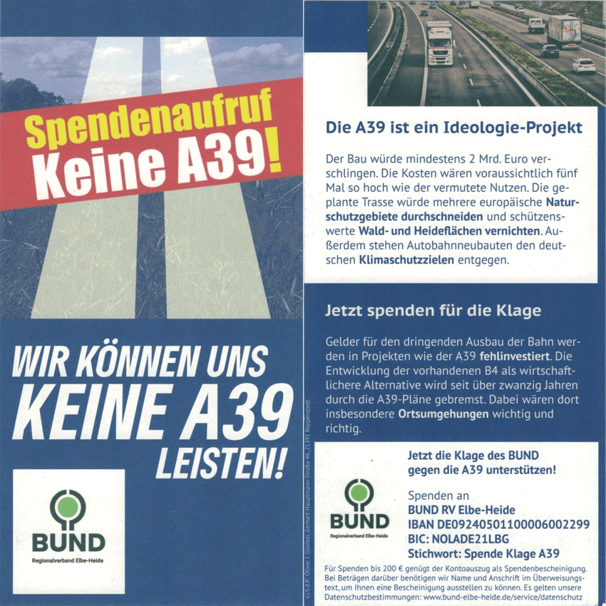 Spendenaufruf "Keine A39". Grafik: Sharepic, BUND Elbe-Heide.