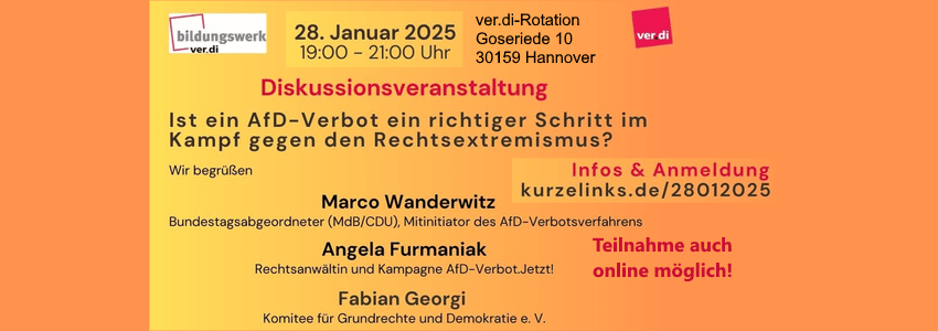 ver.di: „Ist ein AfD-Verbot ein richtiger Schritt im Kampf gegen den Rechtsextremismus?“, 28. Januar 2025, Hannover. Grafik: Sharepic (angepasst).