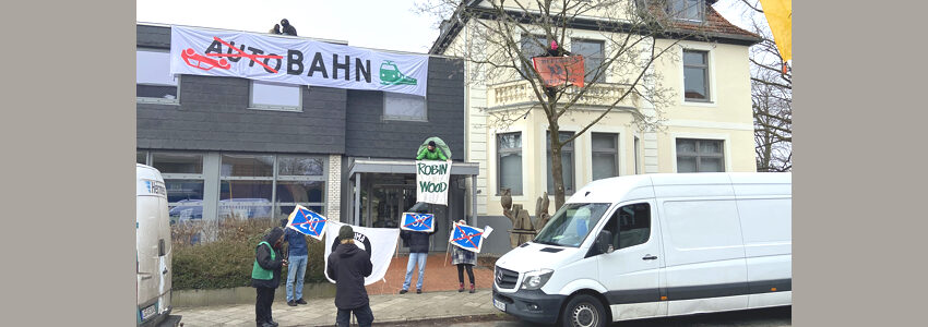 Aktion gegen A39, 02.02.2025. Foto: KlimaKollektiv Lüneburg/Robin Wood.