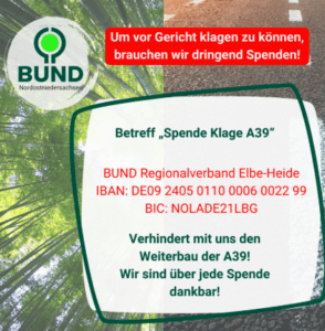 BUND Elbe-Heide: Spendenaufruf A39. Sharepic.