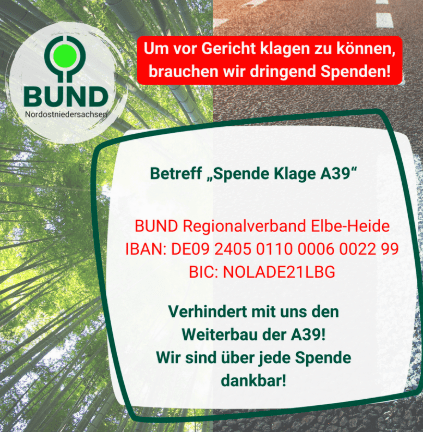 BUND Elbe-Heide: Spendenaufruf A39. Sharepic.