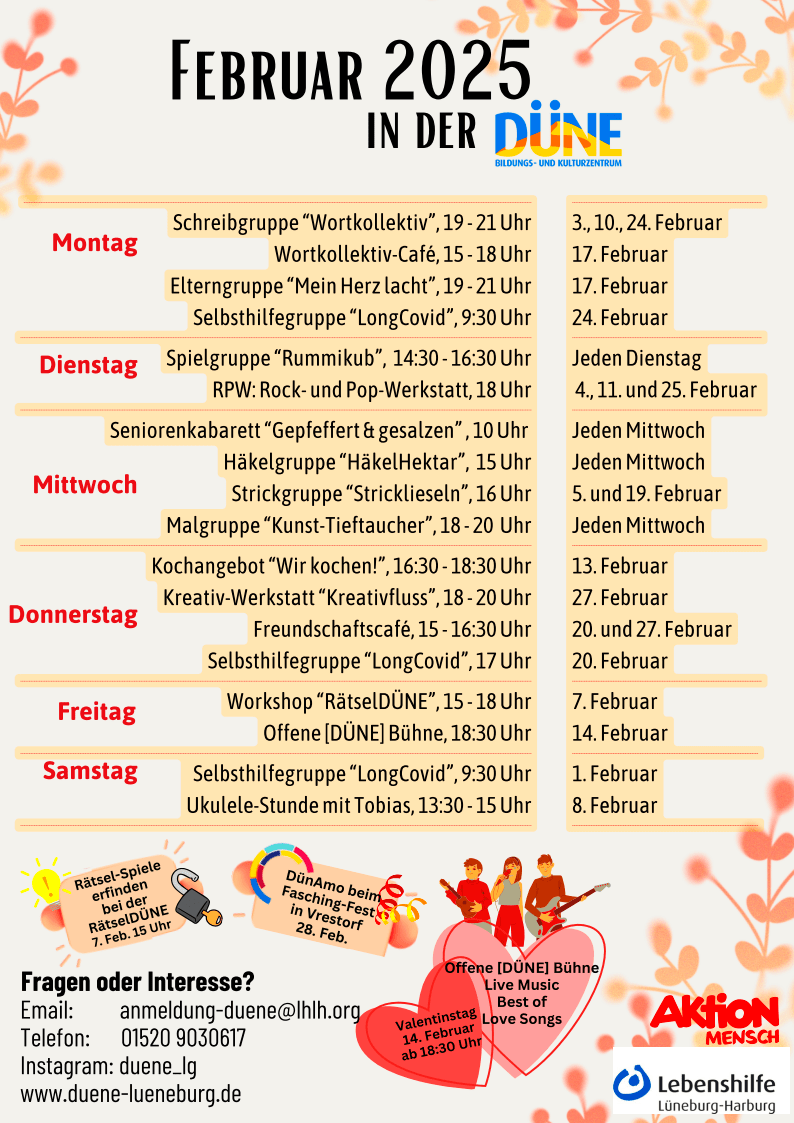 Grafik: Lebenshilfe Lüneburg-Harburg. Programm DÜNE, Februar 2025.