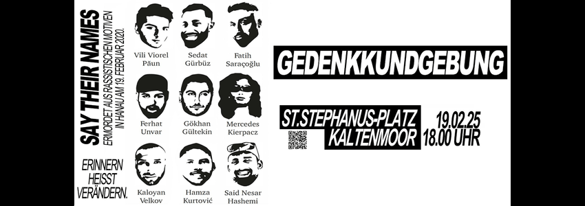 Say their Names: Gedenkkundgebung 5 Jahre nach dem rassistischen Anschlag in Hanau am 19. Februar 2025 in Lüneburg Kaltenmoor. Grafik: Plakat (angepasst).