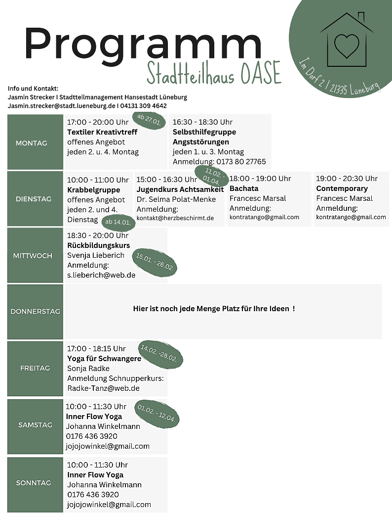 Stadtteilhaus OASE, Programm Februar 2025. Grafik: Hansestadt Lüneburg.