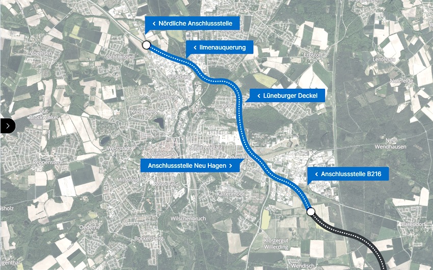 Screenshot Interaktive Karte zu den A39-Planungen bei Lüneburg. © YUNO - Project Atlas v7.8.44 - Andes | XKP | © MapTiler | © OpenStreetMap. 
Der geplante erste Bauabschnitt durchschneidet Lüneburg im Norden und Osten der Stadt. 