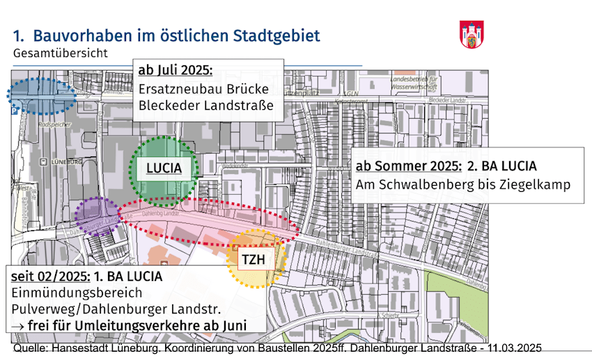 Koordinierung von Baustellen 2025ff. Baumaßnahme Dahlenburger Landstraße. 
Hansestadt Lüneburg, 11.03.2025, S. 3.