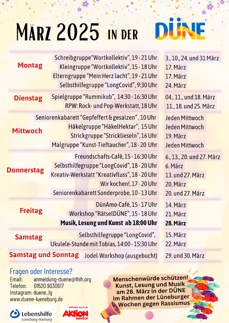 DÜNE: Programm März 2025. Grafik: Lebenshilfe Lüneburg-Harburg.