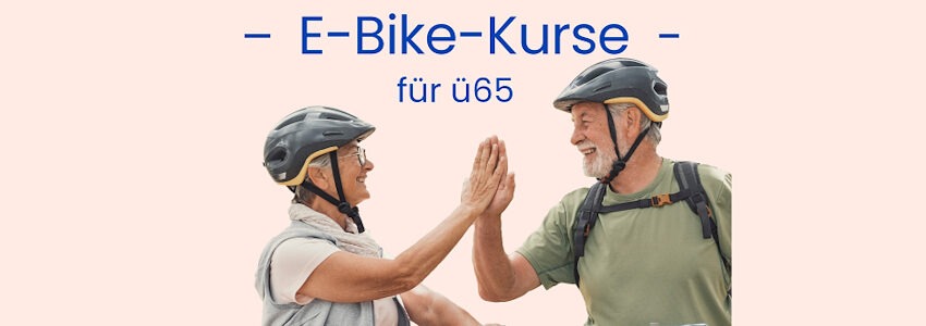 E-Bike-Kurse 2025: Eine Seniorin und ein Senior mit Fahrradhelm klatschen sich ab. Grafik: Verkehrswacht Lüneburg e.V.