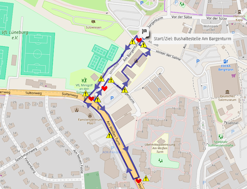 AG Lüneburg zu Fuß: GehCheck Am Bargenturm/Am Weißen Turm, 20.02.2025. Karte: OpenStreetMap-Mitwirkende.