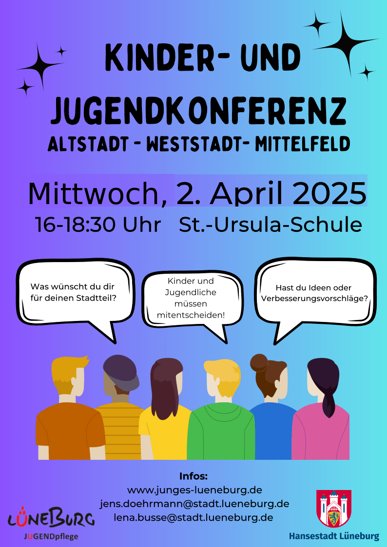 Plakat zur Kinder- und Jugendkonferenz am 2. April 2025 in Lüneburg. Grafik: Hansestadt Lüneburg.